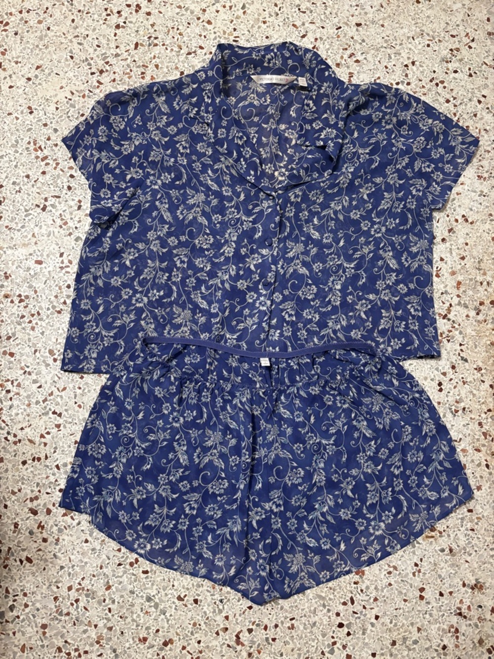vintage sheer blue floral pajama set, likely from Victoria's Secret. Large